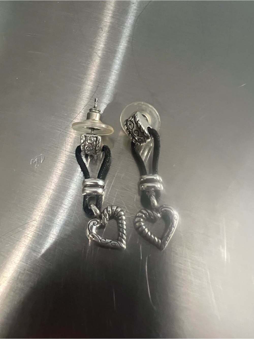 Brighton Heart Drop Leather and Silver Earrings - Black